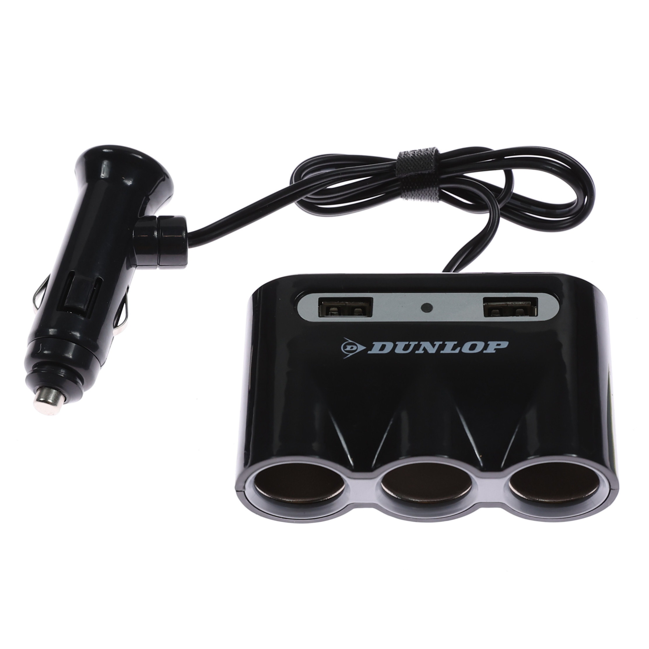 Adaptor priza auto, Dunlop, 3 porturi bricheta, 12 V / 24 V, 2 porturi USB, cablu 50 cm