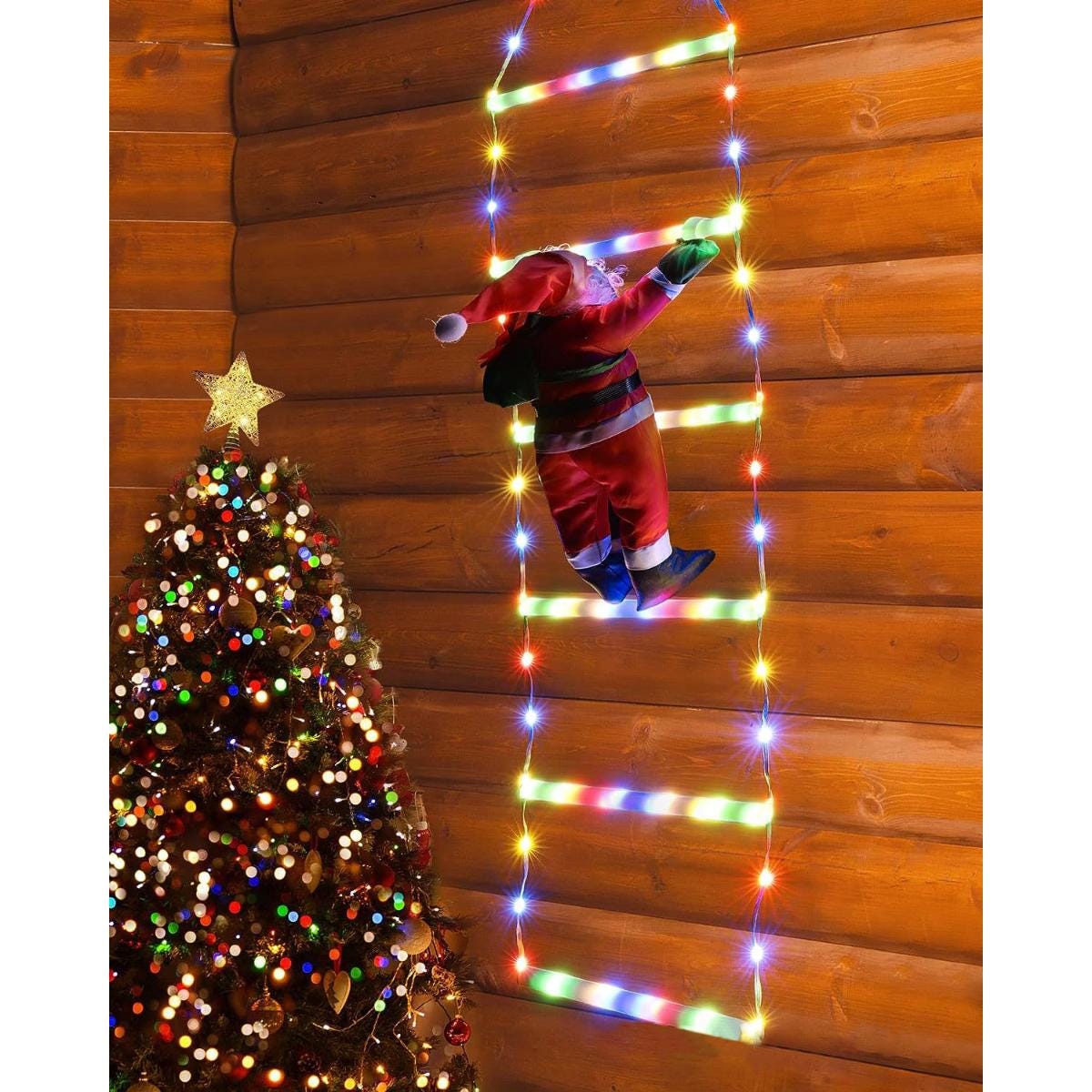 Decoratiune Mos Craciun pe scara, smart, Hoff iDeal, 116 microLED-uri RGB, 25 x 100 cm, aplicatie iDeal LED, control digital al culorilor, cu telecomanda, interior / exterior