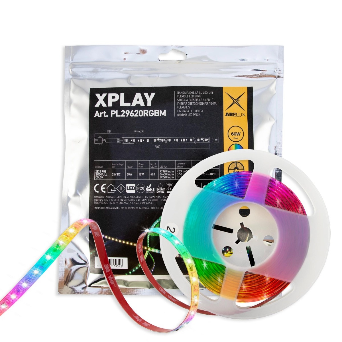 Banda LED RGB inteligenta dublu-adeziva pentru interior Arelux Xplay SMD, 24 V, 12 W/m, 650 lm/m, lumina multicolora, 5 m, IP20