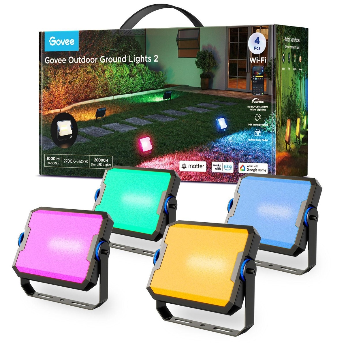 Proiector LED RGB inteligent Govee H8057C11, 24 W, 1000 lm, lumina calda / neutra / rece / multicolora, IP67, negru, exterior, set 4 bucati