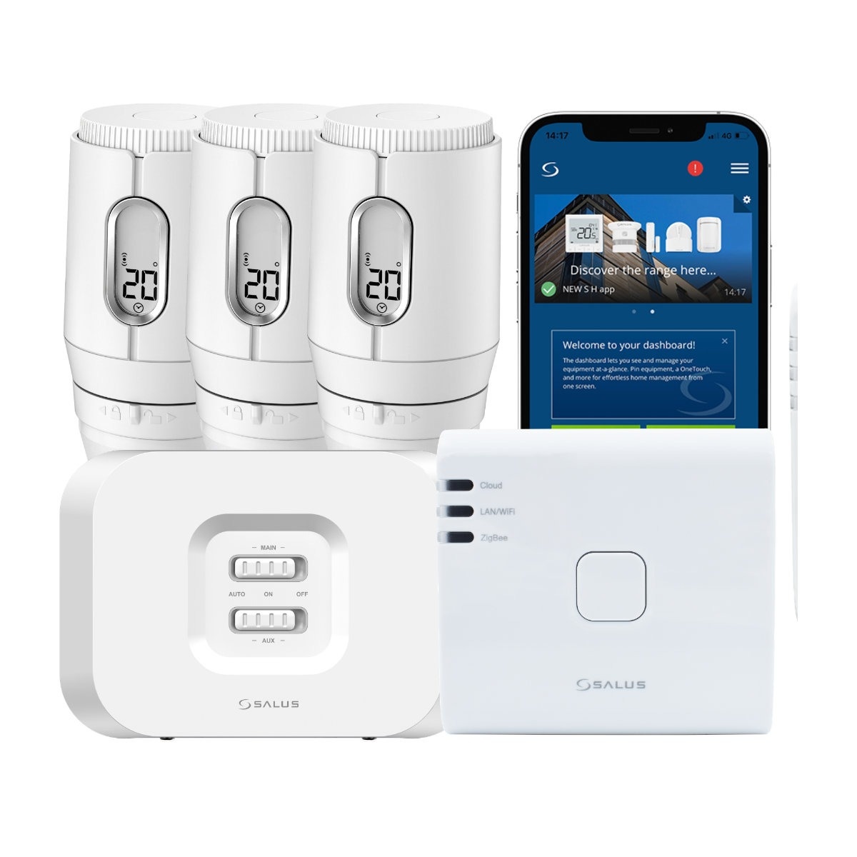 Kit gateway Salus UG800, receptor RX30RF, 3 x capete termostatice smart pentru calorifer TRV3RF, Wi-Fi, afisaj digital, programabil, functie fereastra deschisa, alb - imagine 2