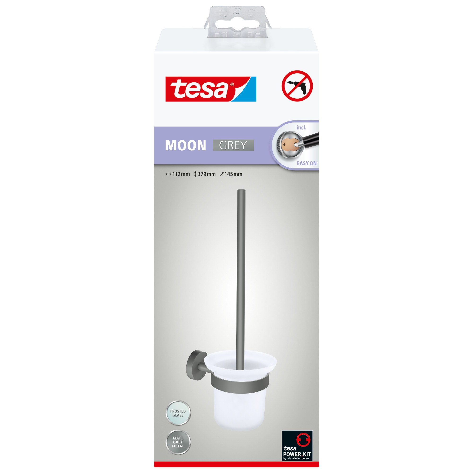 Perie WC tesa Moon Grey 40581, suspendat, autoadeziv, metal gri + sticla mata, 37.9 x 14.5 x 11.2 cm - imagine 2
