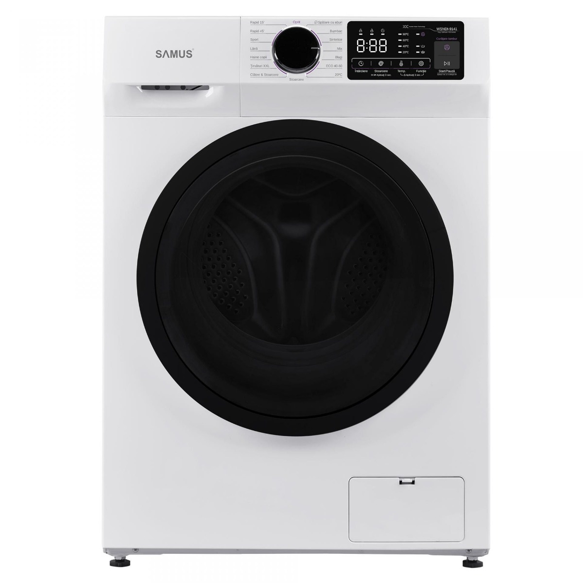 Masina de spalat rufe frontala Samus WSNDI-9141, 9 kg, 1400 rpm, clasa A, adancime 50 cm, motor inverter, functie Abur, program tesaturi XXL, control antispuma, pornire intarziata, afisaj electronic, blocare acces copii, alb
