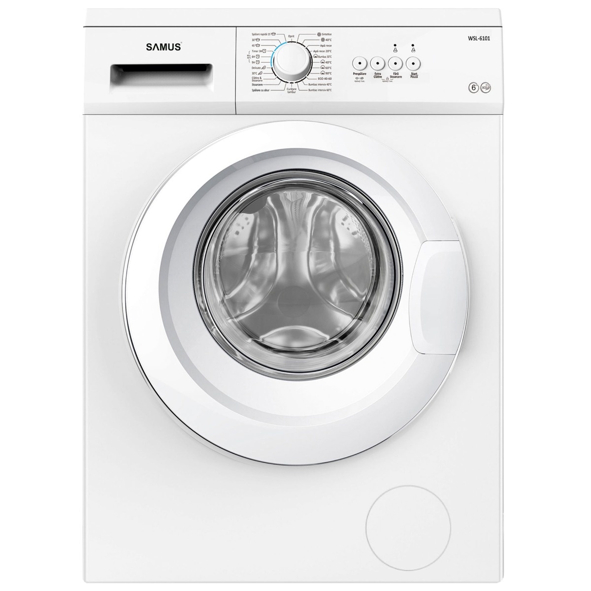 Masina de spalat rufe frontala slim Samus WSL-6101, 6 kg, 1000 rpm, clasa D, adancime 40 cm, program Spalare cu abur, curatare tambur, auto-echilibrare tambur, panou de control cu leduri, pornire intarziata, blocare acces copii, alb