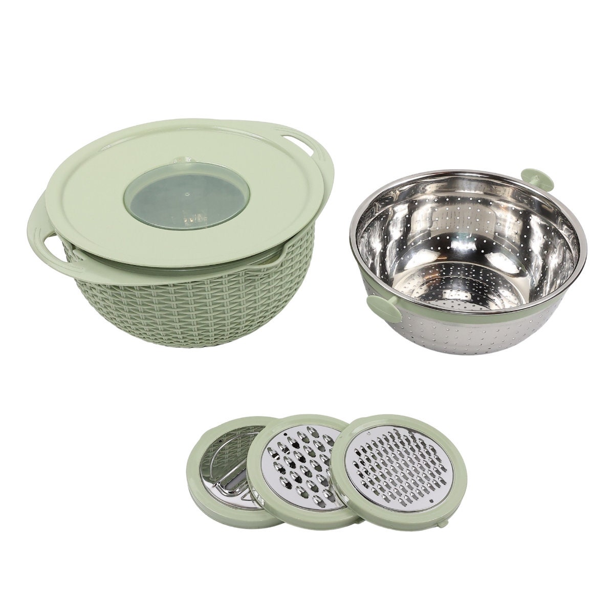 Bol cu strecuratoare + razatoare multifunctionala LSL01, inox + plastic, verde, 26 cm - imagine 2
