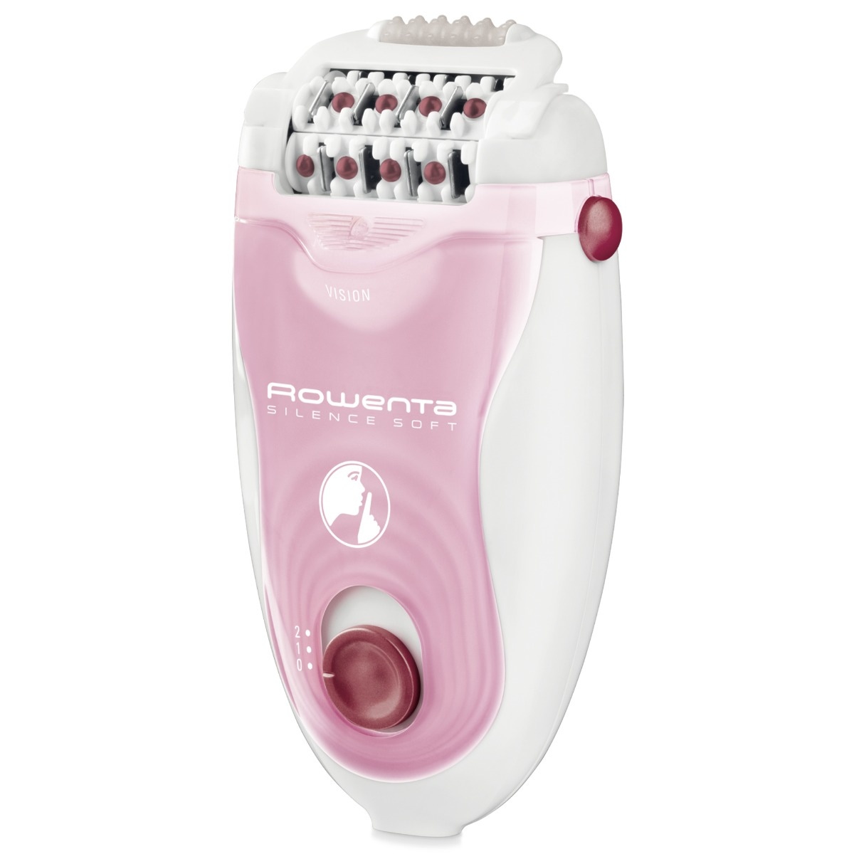 Epilator Rowenta Silence Soft EP5640D1, 2 trepte de putere, 24 pensete, functie Vision, tehnologie microcontact, accesoriu ras, accesoriu exfoliere, 4.8 W, alb + roz