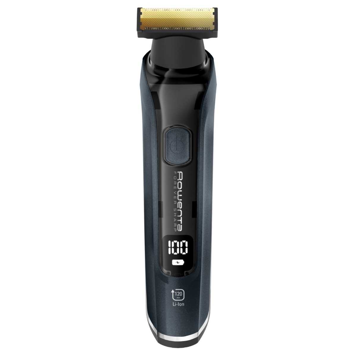 Aparat de ras Rowenta Forever Sharp Ultimate TN6204E0, acumulator Li-ion, autonomie 120 minute, 15 setari de lungime, lame inox, tehnologie autoascutire, indicator digital autonomie, negru + albastru