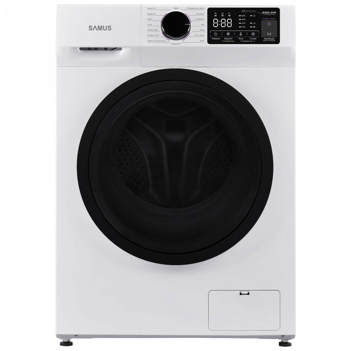 Masina de spalat rufe frontala, Samus WSNDI-10146, 10 kg, 1400 rpm, clasa A, adancime 53.5 cm, motor inverter, auto-echilibrare tambur, curatare tambur, pornire intarziata, blocare acces copii, control antispuma, alb