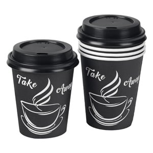 Pahare de Carton pentru Cafea cu Model Alb & Capac Negru 270ml - 30buc