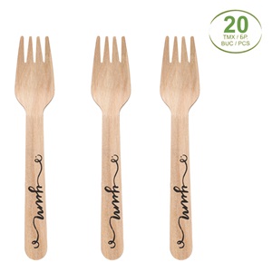 Furculite din Lemn cu Imprimeu ”Yum” 16cm - 20buc