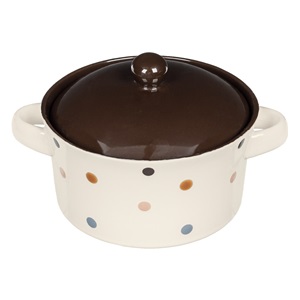 Bol Ceramic Bej cu Buline Colorate Manere & Capac Maro pentru Supa 650ml