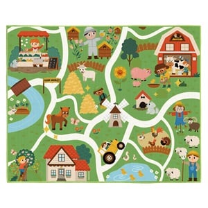 Covoras Decorativ Dreptunghiular Verde Alee cu Ferma 160x130cm