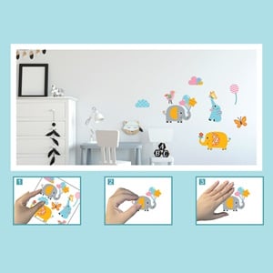 Autocolante Decorative de Perete Elefanti cu Flori & Baloane 25x25cm - 8buc