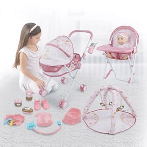 Papusa Bebelus cu Carut Scaun de Masa & Accesorii cu Sunete