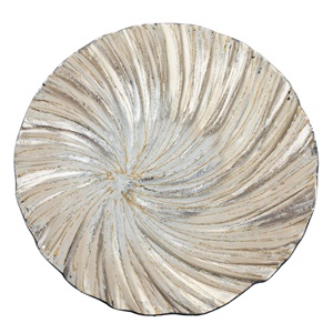 Platou Decorativ de Craciun Rotund din Sticla Argintie Bej Glitter Ø32.5cm
