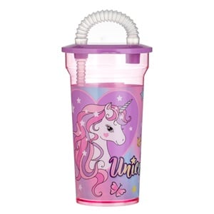Pahar cu Pai din Plastic Roz Unicorn 400ml