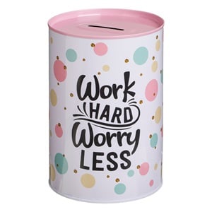 Pusculita Metalica Alba cu Buline "Work Hard Worry Less" Ø10x15cm