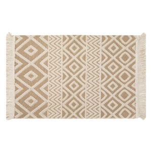 Covor Bej Crem cu Model Tufted si Franjuri 90x60cm