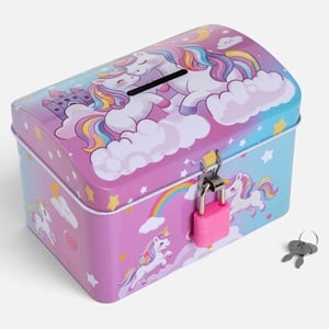 Pusculita pentru Copii Tip Cufar din Metal cu Lacat & Model Unicorn 11,5x8x8cm