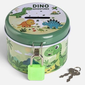 Pusculita pentru Copii din Metal Rotunda Verde cu Lacat Model Dinozaur Ø7x6cm