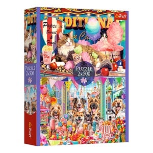 Puzzle cu 2 Imagini Caini Pisici cu Dulciuri (2x500 de piese) - Trefl