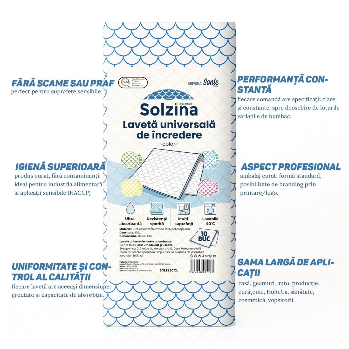 Laveta uz general, Bangsonic Solzina, fara scame, bumbac + polipropilena, diverse culori, 30 x 30 cm, 10 buc / set - imagine 2