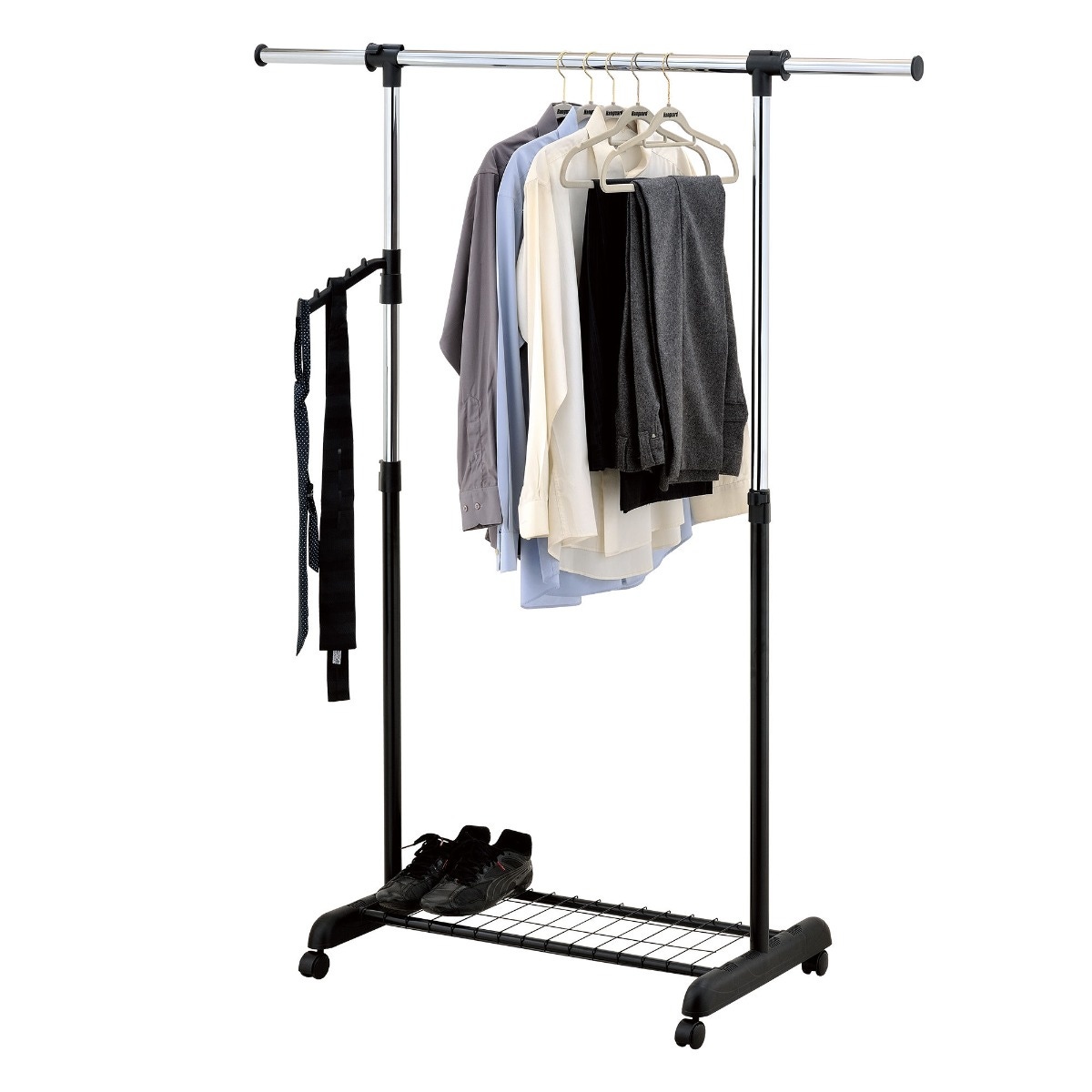 Suport / stander haine HG30D cu bara umerase si polita, metal + plastic, 99.5 / 146.5 x 44 x 105.5 / 165 cm - imagine 3