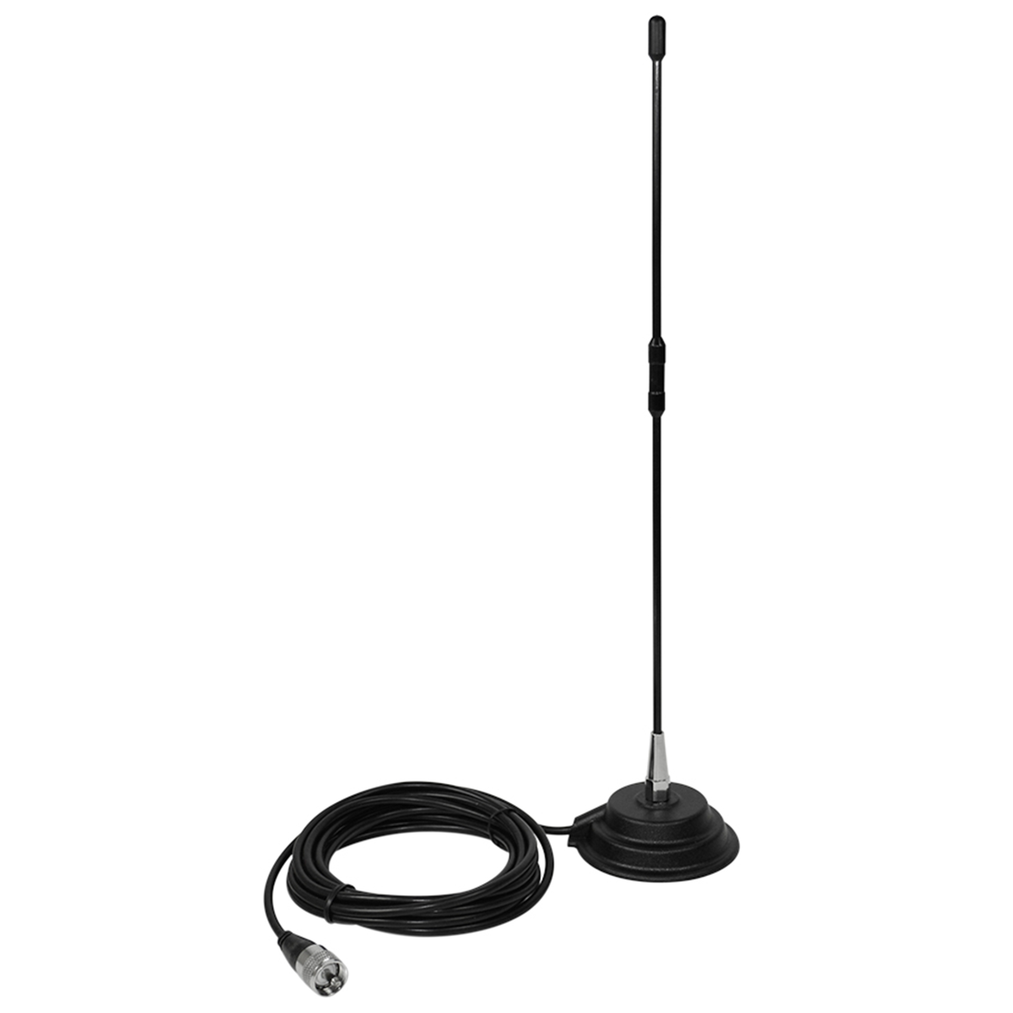 Antena statie radio CB PNI Extra 40, exterior, cu baza magnetica 90 mm + cablu RG58 de 4 m + mufa PL259, 150 W, impedanta 50 Ohmi, lungime 0.45 m, distanta de comunicare 7 km, 26 - 28 MHz, SWR 1.0, fibra de sticla