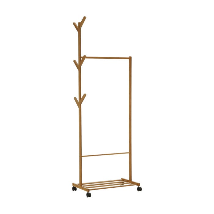 Suport / stander haine Vikir cu bara umerase, polita si 6 agatatori, lemn bambus, 80 x 35 x 174 cm