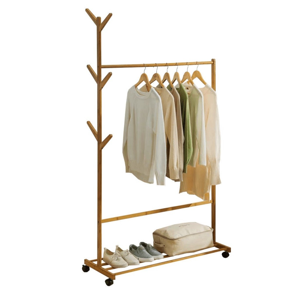 Suport / stander haine Vikir cu bara umerase, polita si 6 agatatori, lemn bambus, 100 x 35 x 174 cm