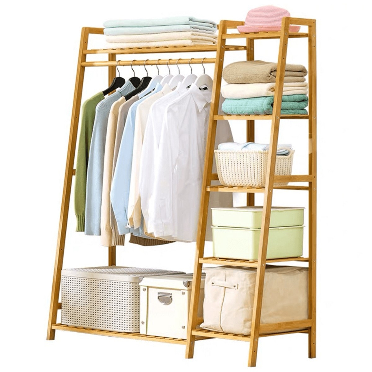 Suport / stander haine Vinet cu bara umerase si 7 polite, lemn bambus, 110 x 40 x 140 cm