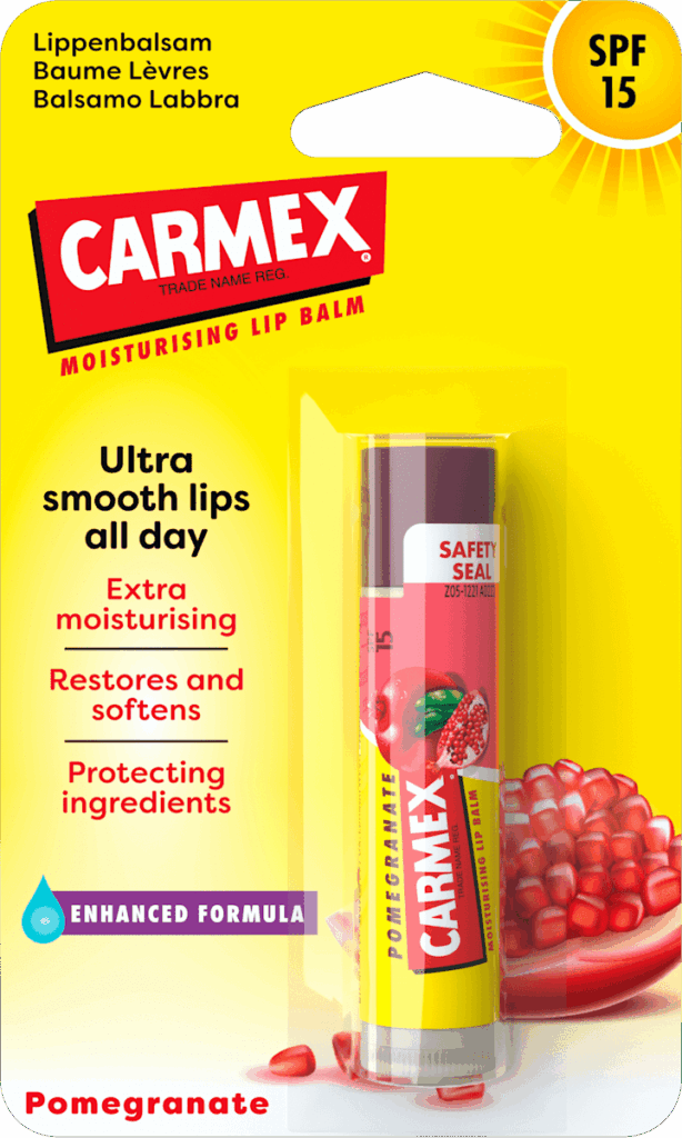 Carmex Balsam reparator cu aromă de rodie și SPF 15 pentru buze uscate și crăpate, 4,25 g